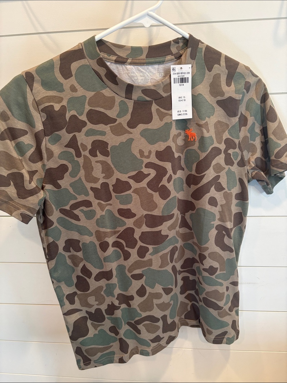 Abercrombie & Fitch Kids Camo Tee in Brown, Green & Tan with Orange Logo